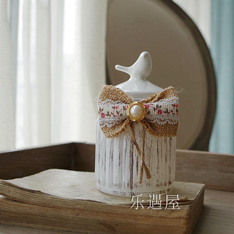 法式鄉村甜美浪漫裝飾工藝品磨砂玻璃麻布蝴蝶結小鳥糖果儲物罐