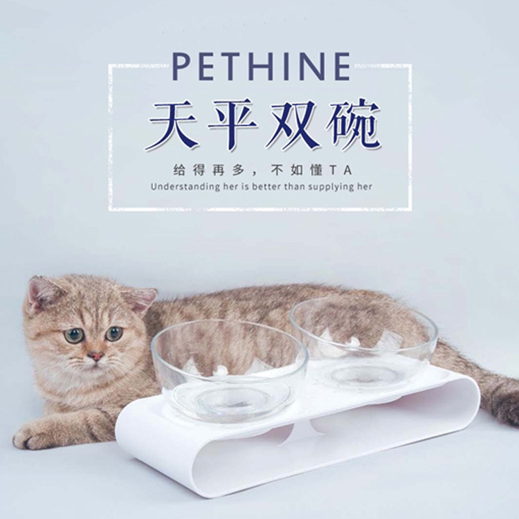 PETHINE貓碗平行斜口透明雙碗狗碗寵物防滑固定狗碗貓食盆